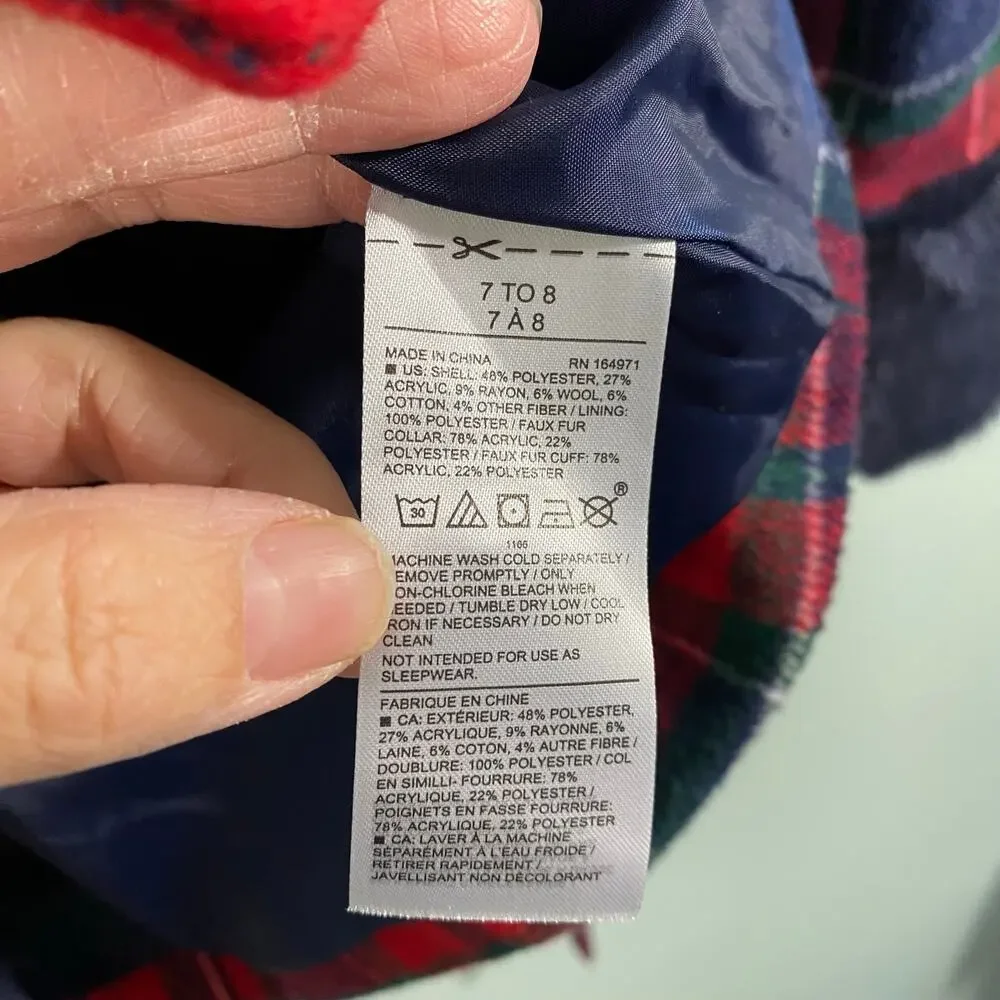Janie & Jack X American Girl Navy & Red Tartan Plaid Fur-Trim Plaid Coat Sz 7-8